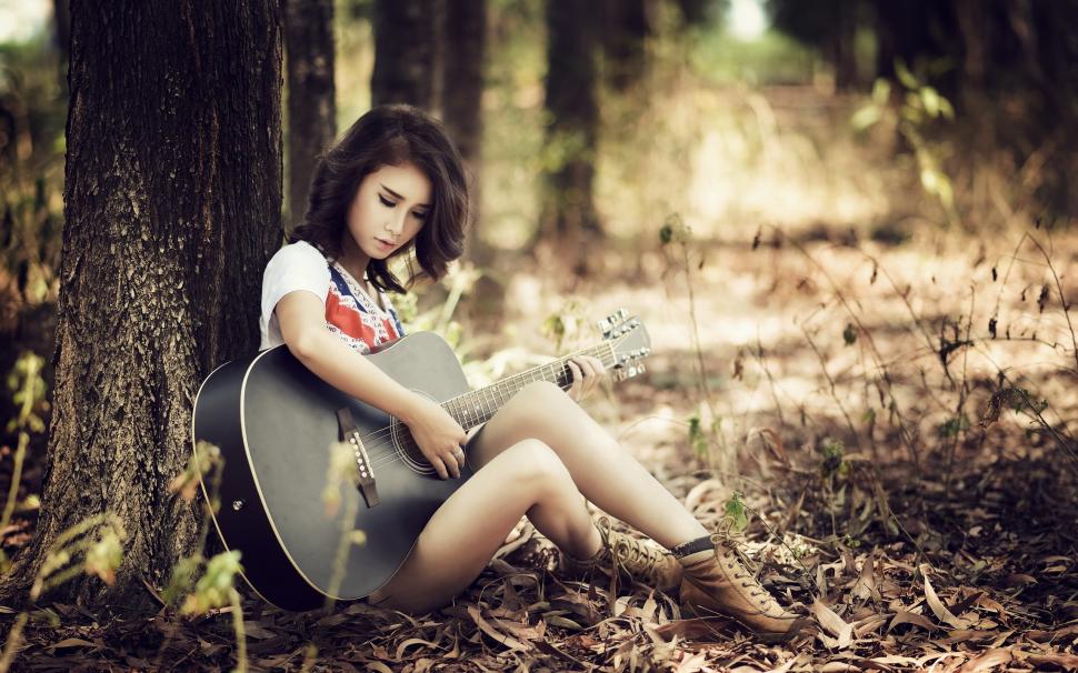 Asian guitar girl, sitting, trees wallpaper,Asian HD wallpaper,Guitar HD wallpaper,Girl HD wallpaper,Sitting HD wallpaper,Trees HD wallpaper,2560x1600 wallpaper