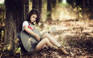 Asian guitar girl, sitting, trees wallpaper thumb