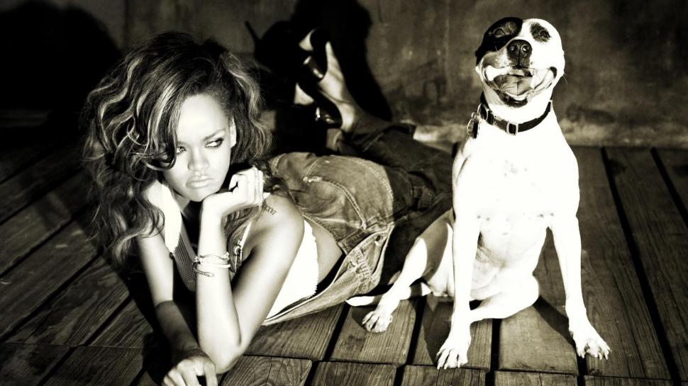 Rihanna, dog, singer, black and white wallpaper,rihanna HD wallpaper,singer HD wallpaper,black and white HD wallpaper,1920x1080 wallpaper