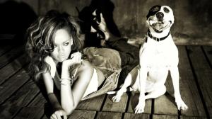 rihanna, dog, singer, black and white wallpaper thumb