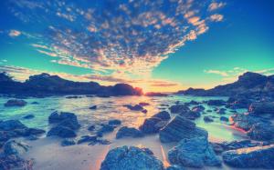 Sunset Sunlight Warm Beach Shore Rocks Stones Ocean HD wallpaper thumb