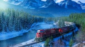 snow, winter, river, mountains, railroad track, train wallpaper thumb