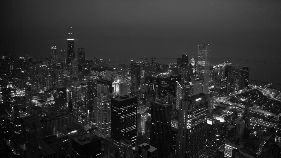 Chicago Buildings Skyscrapers Night BW HD wallpaper,night HD wallpaper,buildings HD wallpaper,cityscape HD wallpaper,bw HD wallpaper,skyscrapers HD wallpaper,chicago HD wallpaper,1920x1080 wallpaper