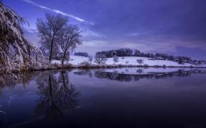 Winter, snow, trees, hills, river, sky, reflection, dusk wallpaper thumb