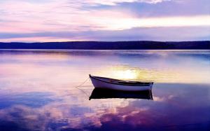 Lake, sunset, boat, evening wallpaper thumb