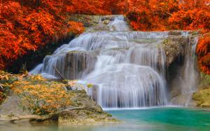 Waterfalls, autumn, trees, red leaves wallpaper thumb