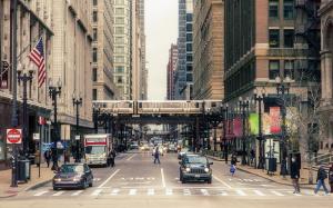 Chicago city street, buildings, people, cars wallpaper thumb