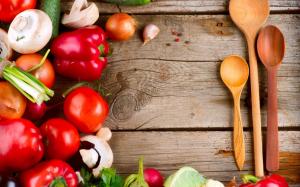Food, Vegetables, Mushrooms, Peppers, Tomatoes, Spoons wallpaper thumb