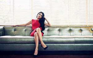 Selena Gomez, Actress, Singer, Celebrity, Women, Sitting, Sofa, Long Hair, Red Dress, Look wallpaper thumb