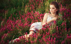 Beautiful girl, flowers field, summer wallpaper thumb