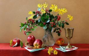 Still life, flowers, vase, cup, apple wallpaper thumb