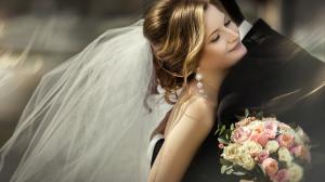Beautiful bride, veil, bouquet, joy, hugs wallpaper thumb