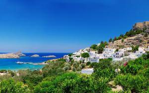 Greece, fortress, coast, houses, trees, blue sky wallpaper thumb