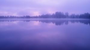 Lake, water, forest, trees, dusk, fog wallpaper thumb