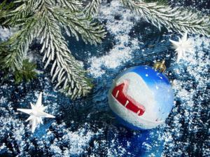 christmas, new year, sphere, fur-tree, ornament, dark blue, snow wallpaper thumb