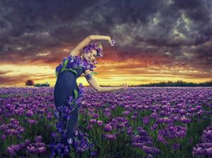 Girl in the garden, purple tulips flowers wallpaper thumb