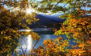 Japan, Nikko, Tochigi, mountain, lake, trees, sun rays, autumn wallpaper thumb
