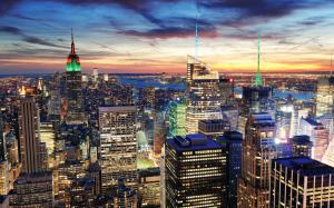 New York City, USA, skyscrapers, houses, night, lights, sunset wallpaper thumb