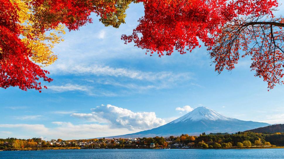 Fuji, sky, clouds, trees, leaves, rivers, scenic wallpaper,fuji HD wallpaper,clouds HD wallpaper,trees HD wallpaper,leaves HD wallpaper,rivers HD wallpaper,scenic HD wallpaper,1920x1080 wallpaper