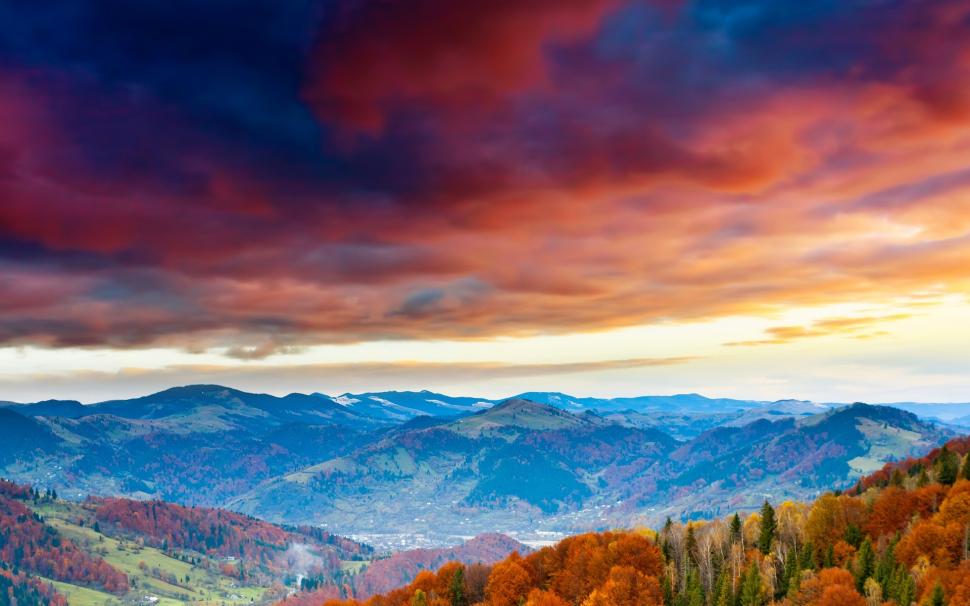 Red sky, clouds, mountains, trees, autumn wallpaper,Red HD wallpaper,Sky HD wallpaper,Clouds HD wallpaper,Mountains HD wallpaper,Trees HD wallpaper,Autumn HD wallpaper,1920x1200 wallpaper