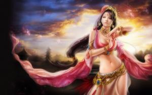 Beautiful Asian fantasy girl, red silk wallpaper thumb