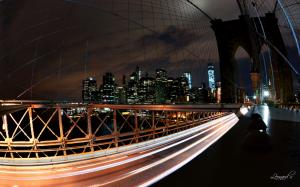 New York Buildings Skyscrapers Bridge Fisheye Timelapse Night Lights HD wallpaper thumb