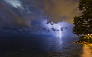 Lightning Clouds Night Storm Ocean HD wallpaper thumb