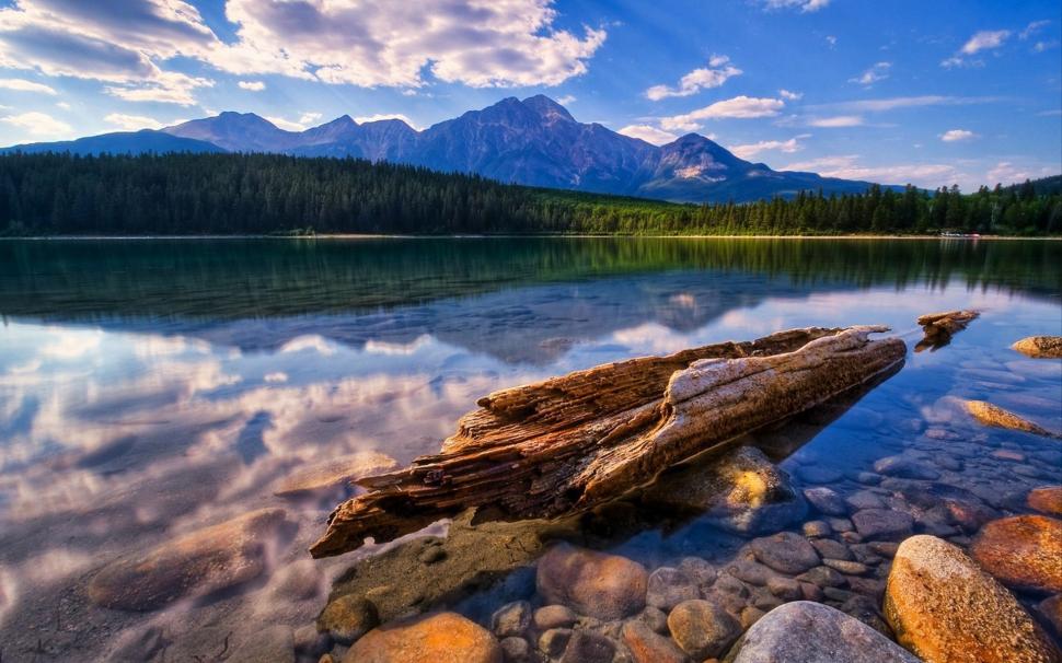 Clear lake, mountains, forest, driftwood, stones, clouds wallpaper,Lake HD wallpaper,Mountains HD wallpaper,Forest HD wallpaper,Driftwood HD wallpaper,Stones HD wallpaper,Clouds HD wallpaper,1920x1200 wallpaper