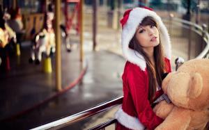 Asian girl, Christmas costume, bear toy wallpaper thumb