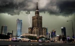 City, Cityscape, Clouds, Lightning, Building, Architecture, Car, Clock Towers, Warsaw, Poland wallpaper thumb