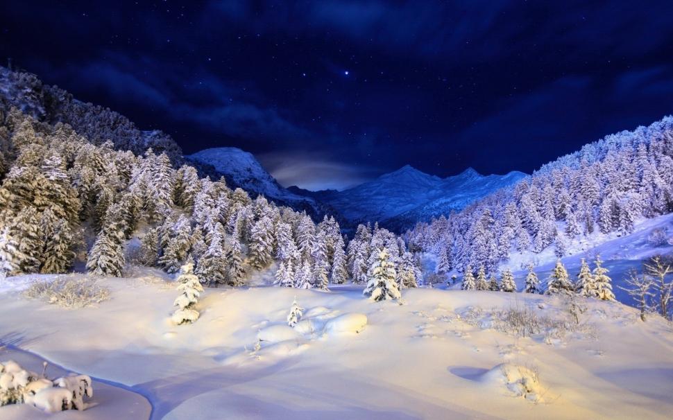 Winter night, mountains, stars, snow, forest, trees wallpaper,Winter HD wallpaper,Night HD wallpaper,Mountains HD wallpaper,Stars HD wallpaper,Snow HD wallpaper,Forest HD wallpaper,Trees HD wallpaper,1920x1200 wallpaper