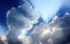 Blue sky, white clouds, sun rays wallpaper thumb