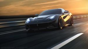Ferrari F12 black supercar, speed, road, sunset wallpaper thumb