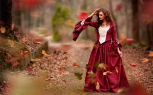 Autumn, leaves, red dress girl, wind wallpaper thumb