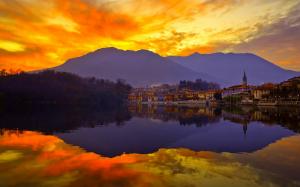 Sunset, sky, mountains, lake, city, water reflection wallpaper thumb