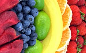 Rainbow fruits, strawberry, orange, banana, lemon, blackberry, plum wallpaper thumb
