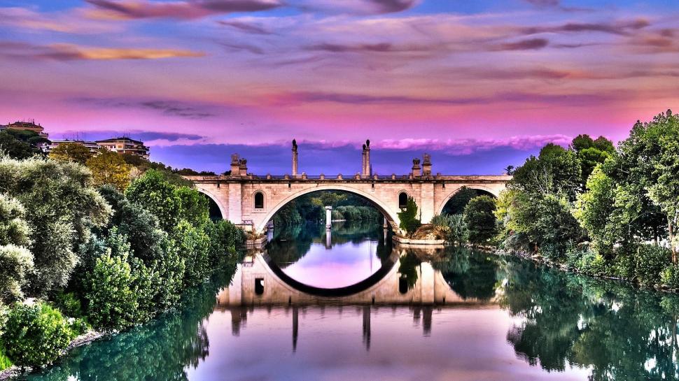 Colorful Sky Over The Bridge wallpaper,water HD wallpaper,view HD wallpaper,bridge HD wallpaper,mauve HD wallpaper,tree HD wallpaper,purple HD wallpaper,3d & abstract HD wallpaper,1920x1080 wallpaper