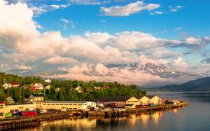 Norway, houses, trees, bay, sea, sky, clouds wallpaper thumb
