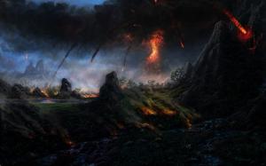 Art painting, volcano, lava, trees, mountain, smoke wallpaper thumb