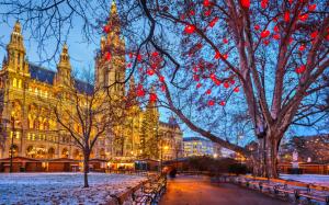 Vienna, Austria, Town Hall, winter, snow, trees, evening, buildings, lights wallpaper thumb