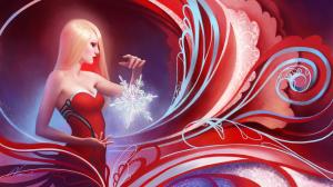 Red dress fantasy girl with snowflakes wallpaper thumb