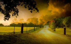 HDR nature scenery, trees, yellow leaves, road, house, dusk wallpaper thumb