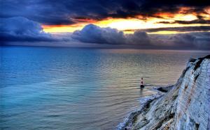 Sea, rock, lighthouse, sky, clouds, sunset, dusk wallpaper thumb