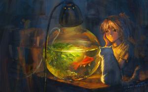Drawing Goldfish Cat Fish Tank HD wallpaper thumb