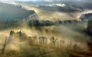 Nature, Mist, Landscape, Sun Rays, Villages, Sunrise, Forest, Road, Field wallpaper thumb