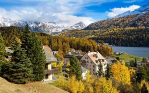 Switzerland, St. Moritz, mountain, trees, river, houses wallpaper thumb