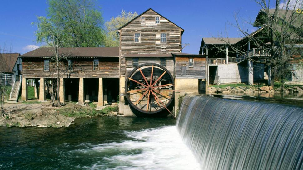 The Old Mill At Pigeon Forge Tennessee wallpaper,tree HD wallpaper,wheel HD wallpaper,waterfall HD wallpaper,mill HD wallpaper,nature & landscapes HD wallpaper,1920x1080 wallpaper