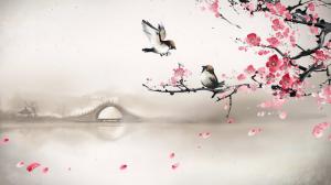 Drawing Cherry Blossom Birds Flowers HD wallpaper thumb