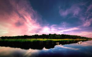 Fantastic views, calm lake, boats, plants, trees, clouds, purple sky wallpaper thumb