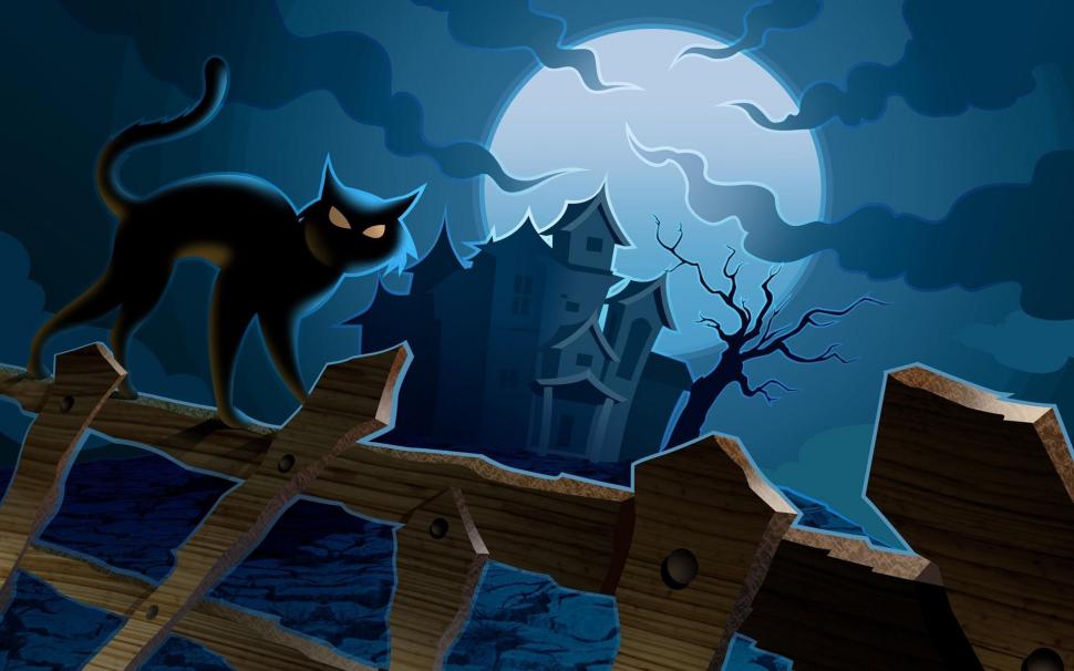 Cat near the haunted castle wallpaper,holidays HD wallpaper,1920x1200 HD wallpaper,fence HD wallpaper,night HD wallpaper,castle HD wallpaper,moon HD wallpaper,halloween HD wallpaper,1920x1200 wallpaper